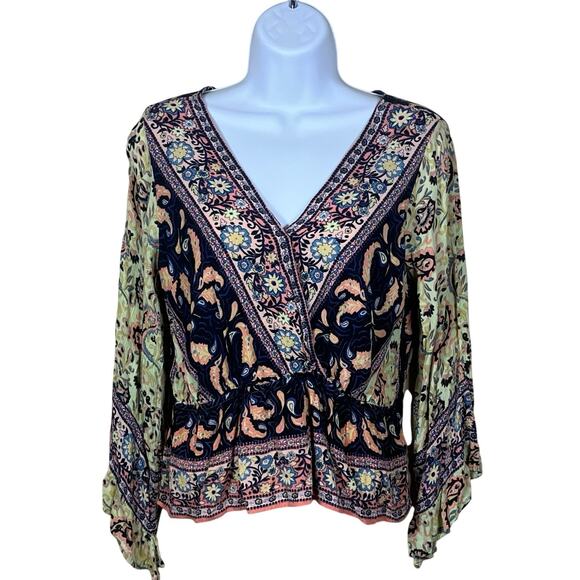 NWOT Anthropologie Fig & Flower Floral Peasant Tunic Top S Blue Artsy Colorful - Picture 2 of 8